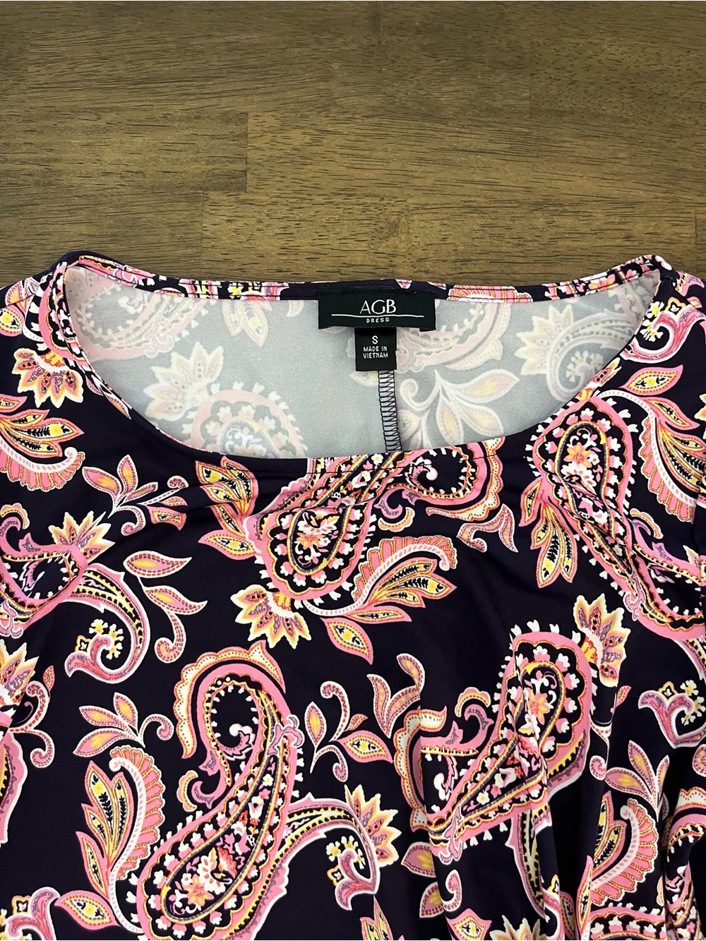 AGB Navy Paisley Tie-Waist Dress with Pink Accents Half Sleeve Sz Small - Picture 2 of 6